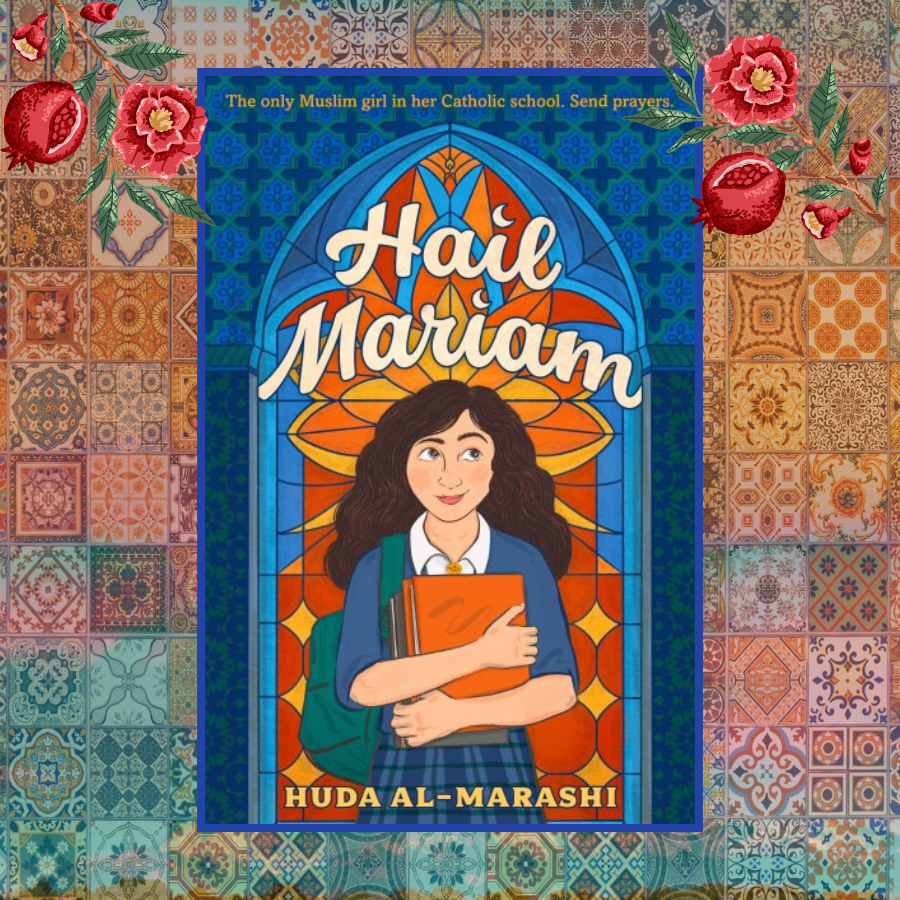 The cover for the book, Hail Mariam, appears against a warm geometric background. The book cover is framed at either side with pomegranates.  