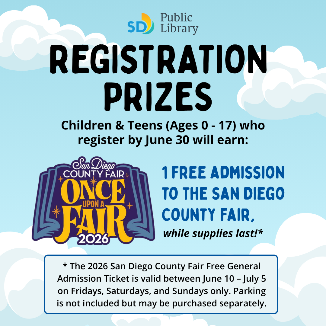 An Image for the 2026 San Diego County Fair Registration prize, image is on a background of a light blue sky and white fluffy clouds with a purple and blue open book for the 2026 County Fair Logo.  