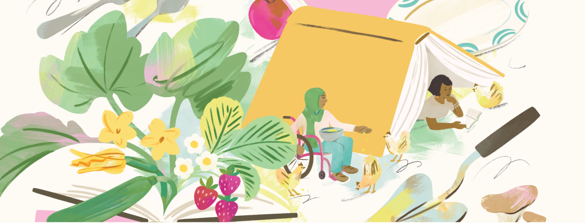 Large painterly leaves, flowers and strawberries sprout from larger-than-life books. A woman in hijab feeds chickens from her wheelchair while a woman reads a book underneath a large book “tent.” Large garden tools, utensils and other objects fill the space.