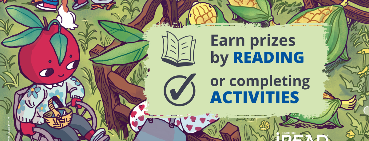 Illustration with anthropomorphic tomato on a wheelchair looking at a wooden pen with corn husk “animals.” Earn prizes by reading or completing activities.