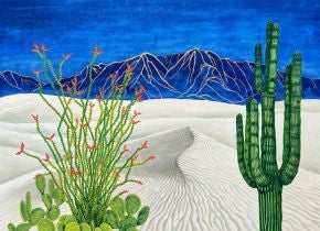 A desert landscape set in the foreground of a mountain range, featuring two large cactus varieties: the Saguaro and Ocotillo. 