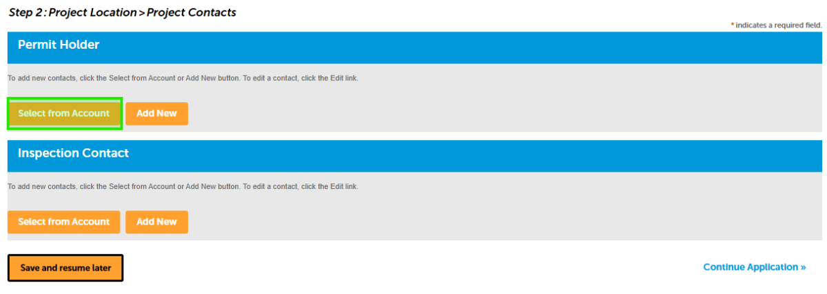 A graphic showing where to press a button to select a "Permit Holder" on the Online Permitting Portal. 