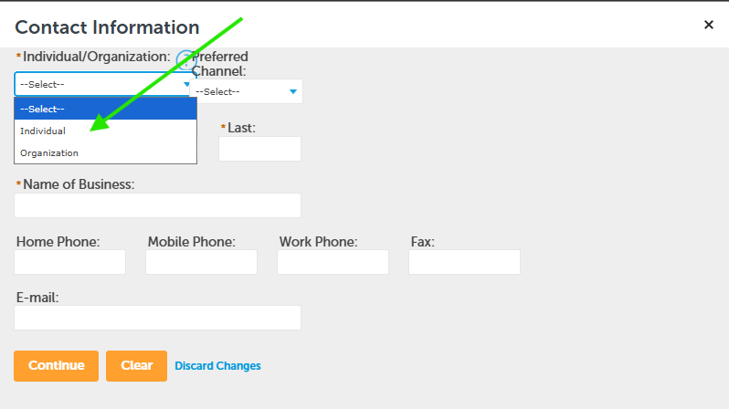 A graphic showing where to select between the "Individual" or "Organization" options. 