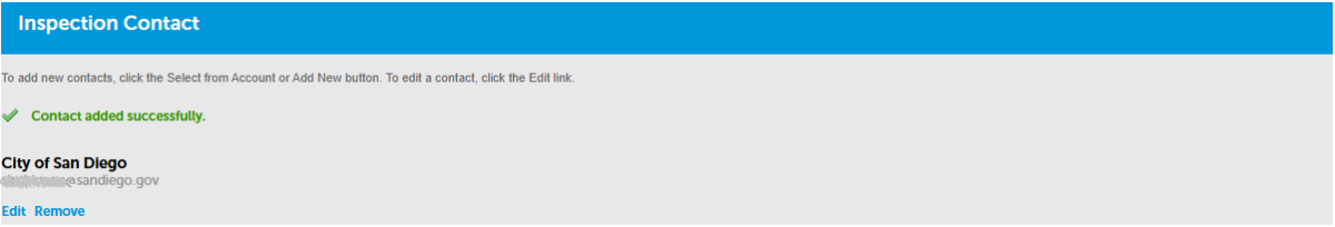 A screenshot of the Inspection Contact selection being confirmed. 