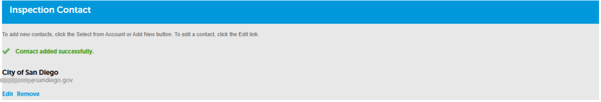 A screenshot of the Inspection Contact selection being confirmed. 