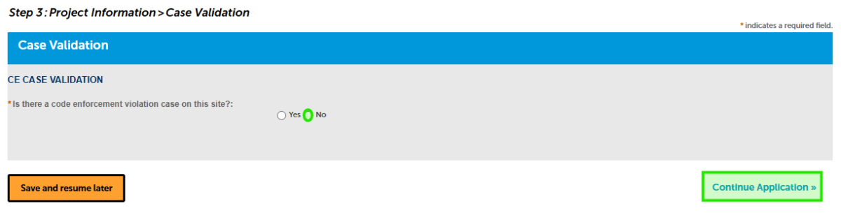 A screenshot showing how to select "No" in the online permitting portal when asked if there is Code Enforcement violation.