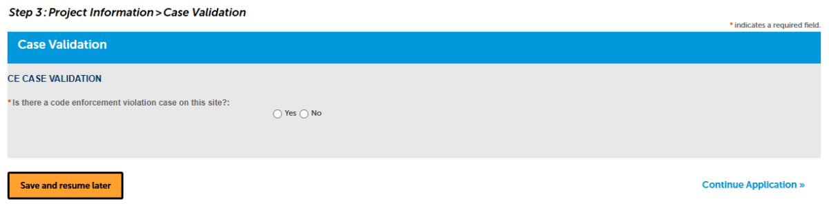 A screenshot of a question asking if there is a related Code Enforcement case on the property/project site. 
