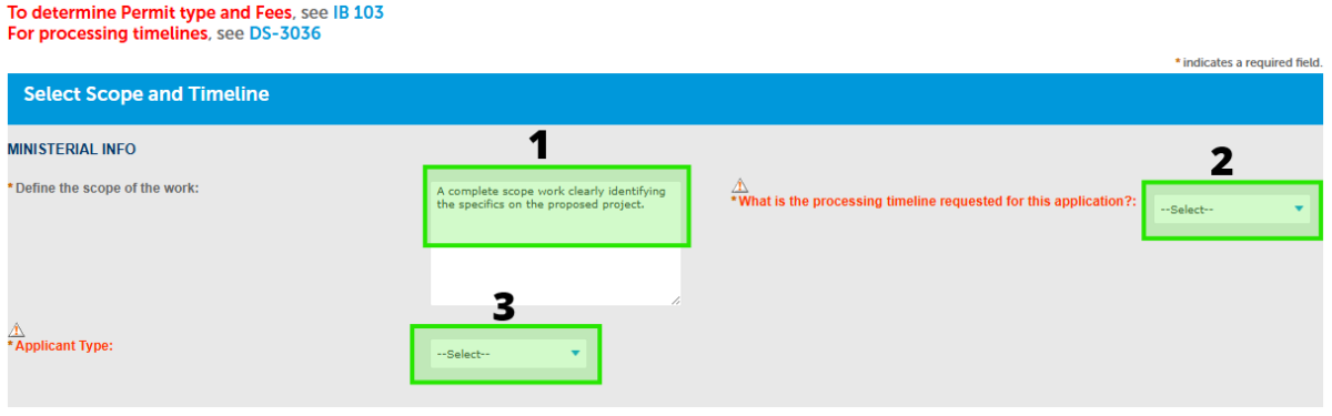 A screenshot showing all questuoins that need to answered for the Scope of Work, processing timeline and the application type. i
