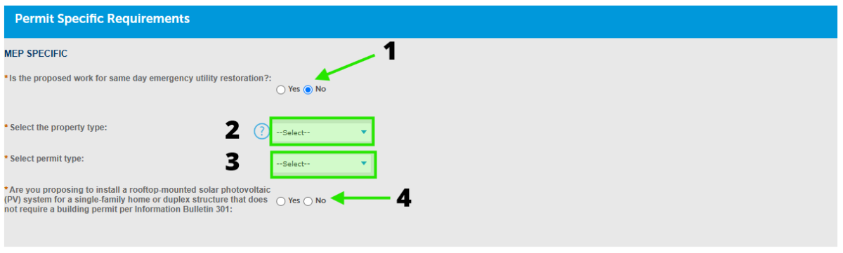 A screenshot of the Permit Specific Requirement section in the Online Permitting portal, displaying the four questions being asked. 
