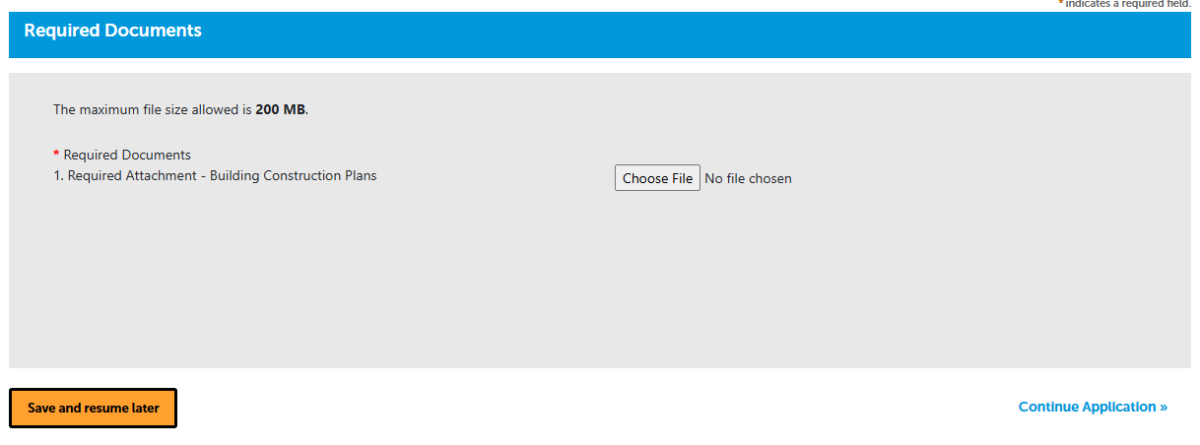 A screenshot showing how the online permitting portal will as for required documents to be uploaded before proceeding with the next step.
