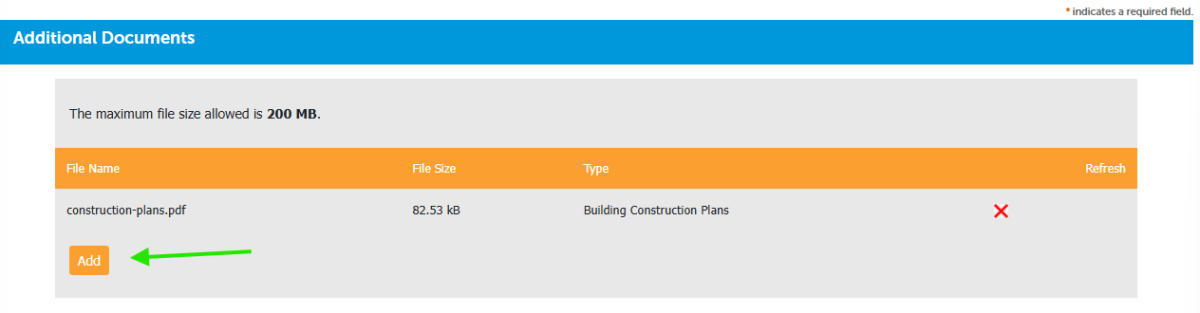 A screenshot showing where to click to add additional documents.