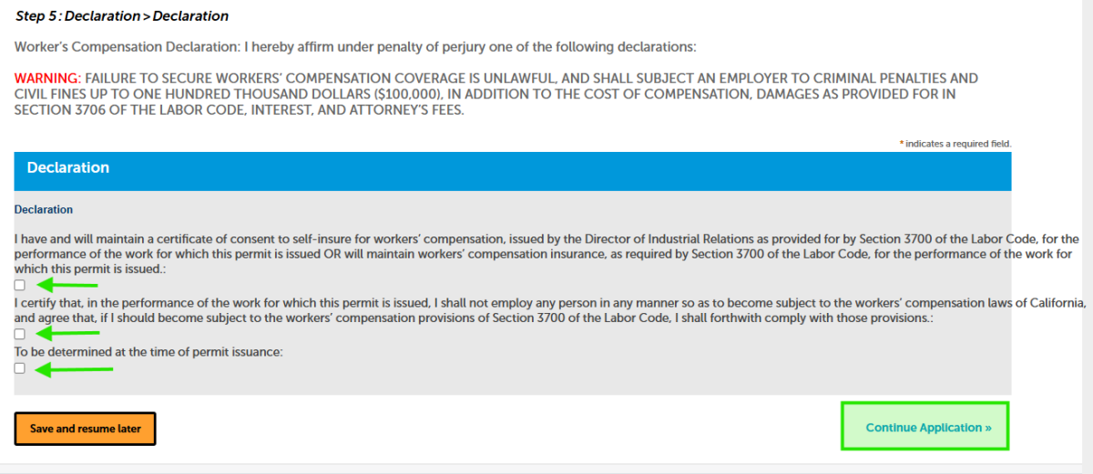 A screenshot showing all the options to select for the worker's compensation declaration statement. 