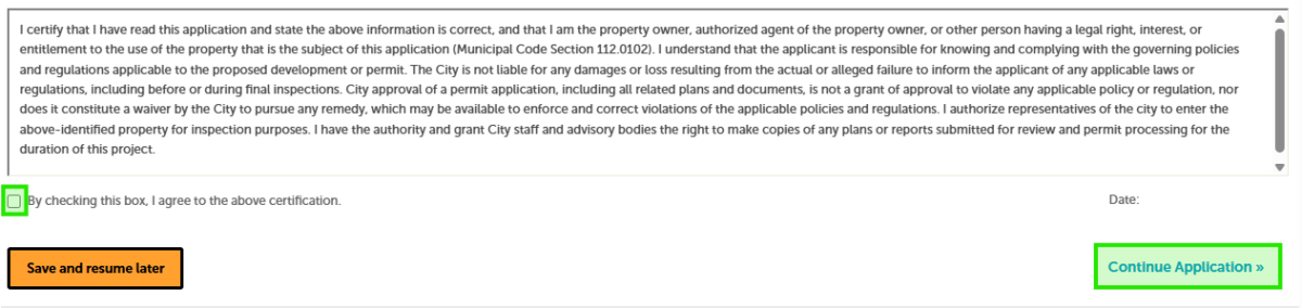 A screenshot showing where to click to acknowledge the application is correct and where to press "Continue Application."