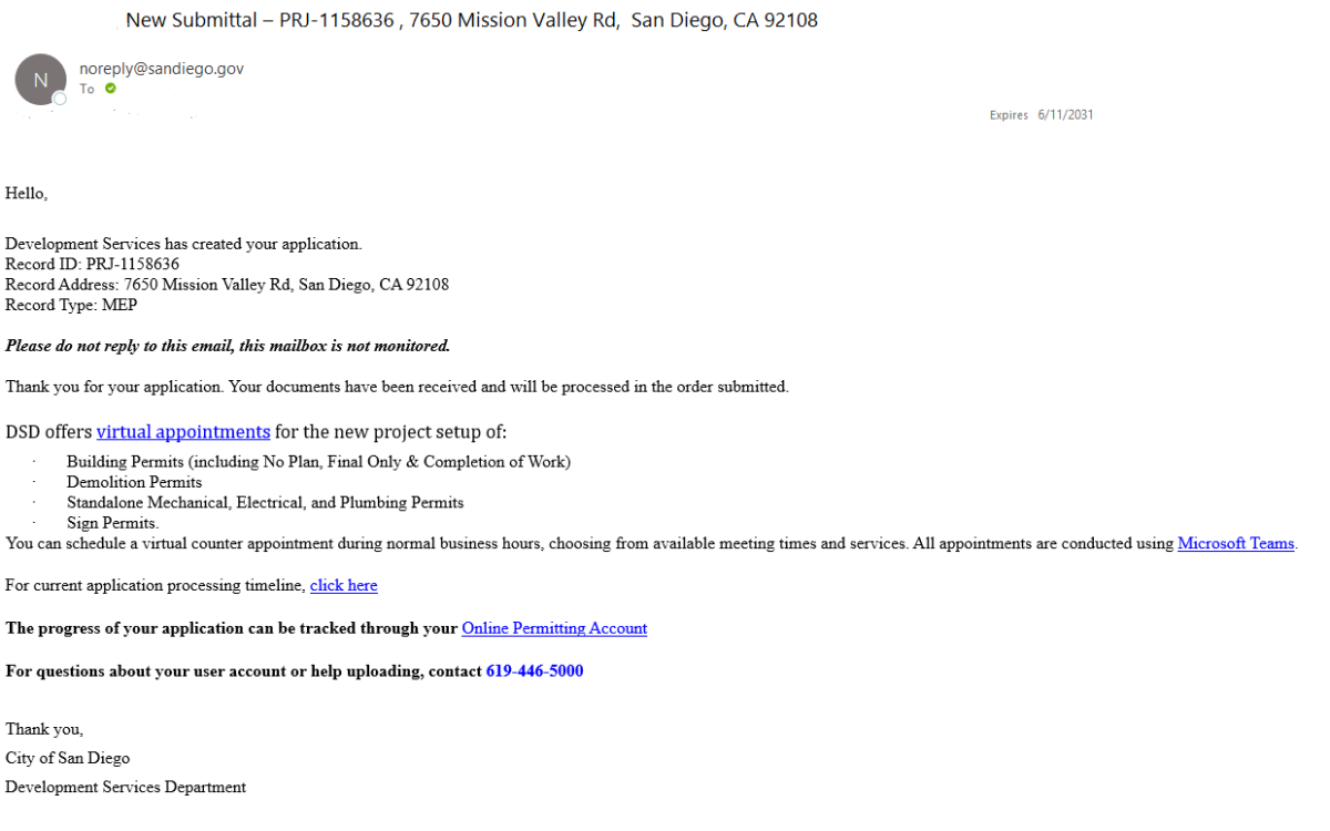 A screenshot aof a sample email that will be sent by the online permitting portal. 