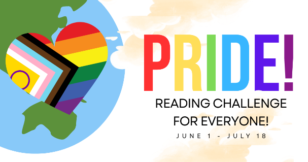 Progressive Pride Flag in a heart shape promoting Pride! Reading Challenge.
