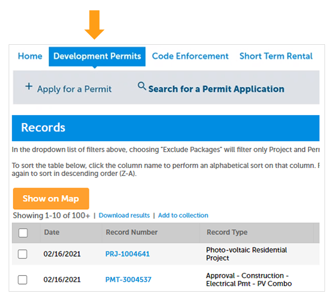 A screenshot showing the location of the "Development PeErmits" tab. 