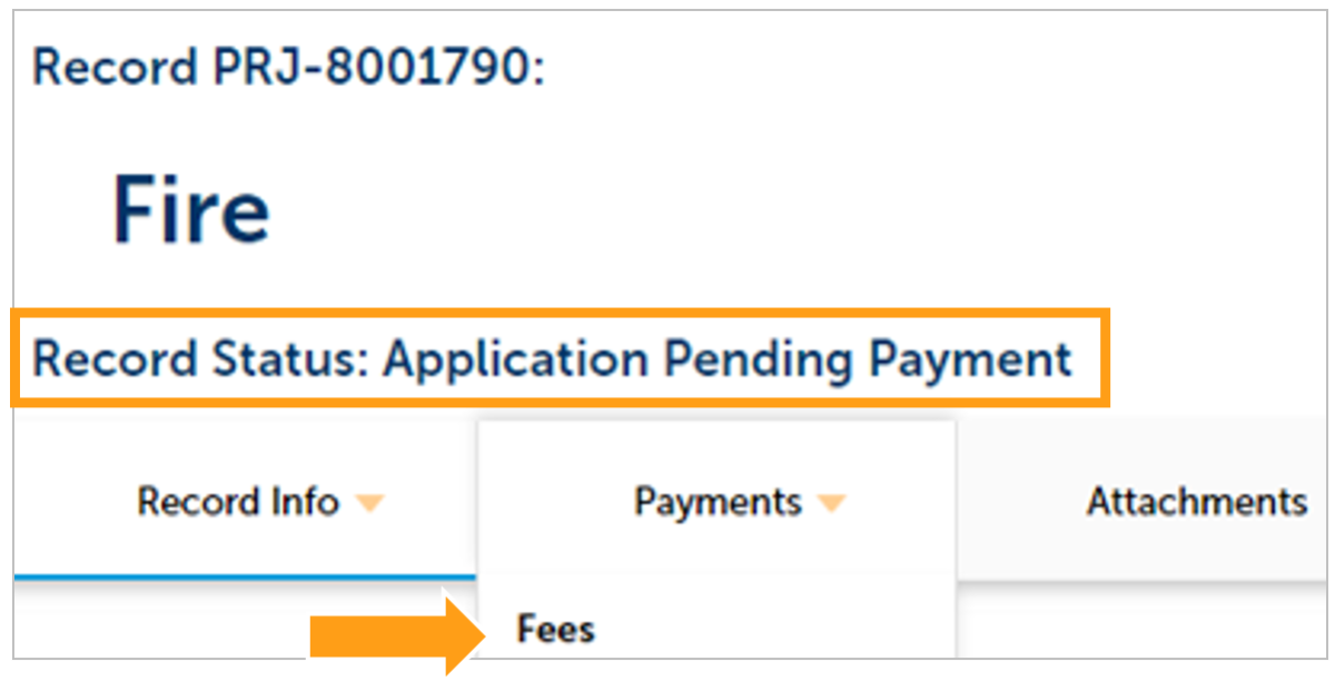 A screenshot showing the location on where to click on "Payments" and how to select the "fees."