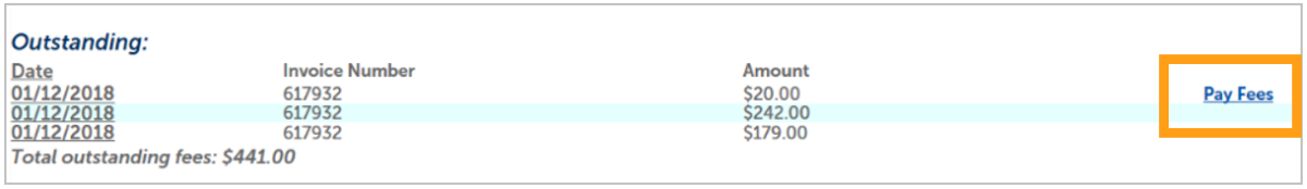 A screenshot showing where the "Pay Fees" link is located. 