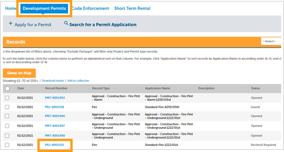 A screenshot of the "Development Permits" tab on the online permitting account. 