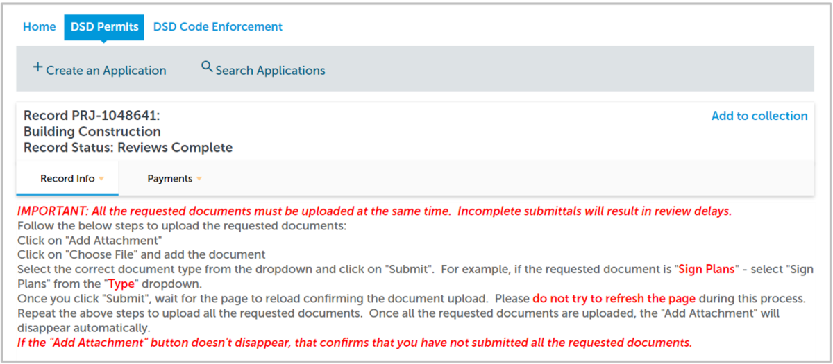 A screenshot showing the current status of the application on the online permitting portal. 