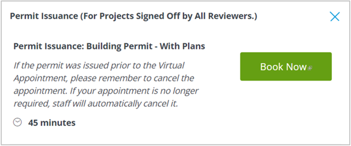 An image of the Permit Issuance Virtual Issuance section of the Virtual Appointments page. 