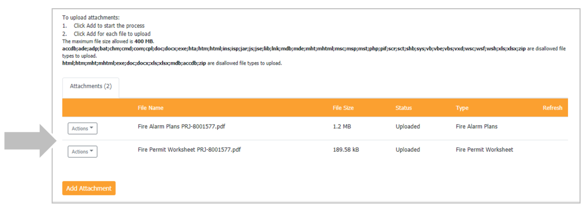 A screenshot showing where the"Actions" drop down menu is and where the add attachment button is located. 