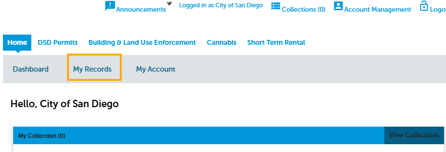 A screenshot showing where to click on the "My Records" link. 