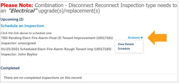 A screenshot showing the "Inspections" screen. 