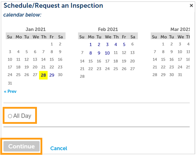 A screenshot showing where to click on the click on the “All Day” radio button and the “Continue” button.