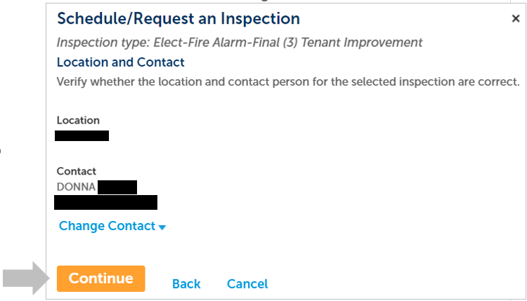 A screenshot showing the screen showing options to change the inspection contact. 