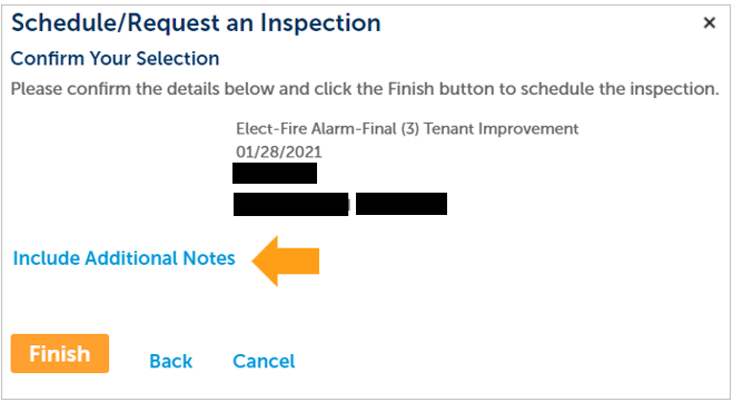 A screenshot showing where to include additional notes for the inspector.