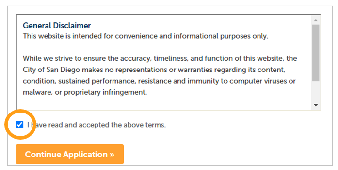 A screenshot showing where to click on "Continue Application" and where to place a check mark acknowledging the disclaimer. 