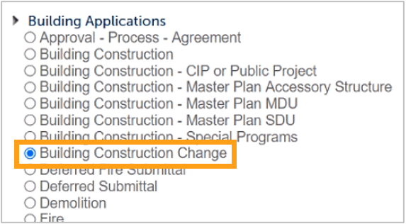 A screenshot showing how to select "Building Construction Change."