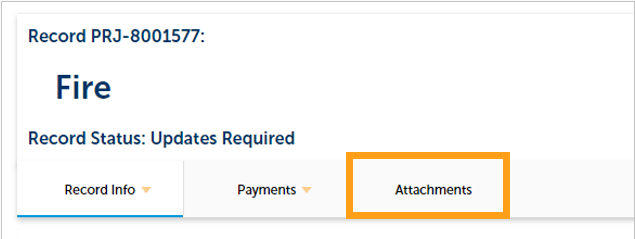 A screenshot showing the location of the "Attachments" tab in the online permitting portal. 