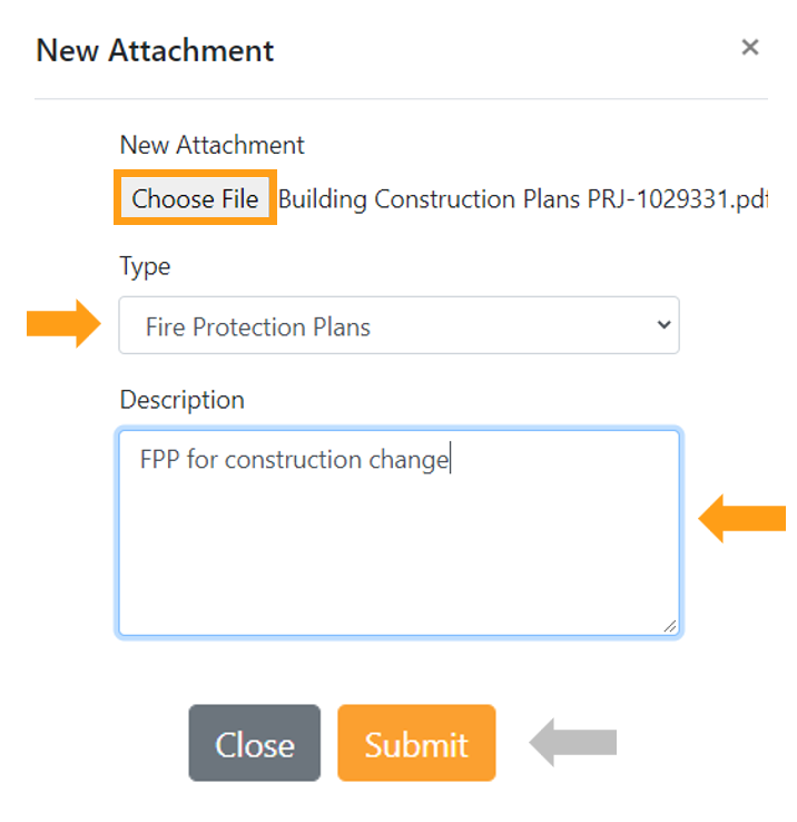 A screenshot showing where to click “Choose File” and select from your computer, provide the type of document that you are uploading, provide a brief description of the document and where to click “Submit”