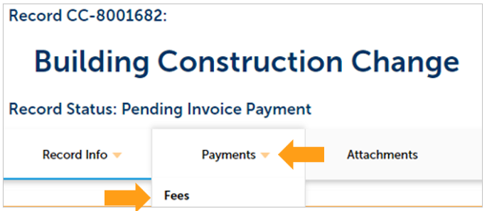 A screenshot showing where to click on fees and the location of the Payments drop down menu. 