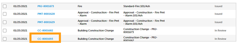 A screenshot showing where to select the Construction Change project for the next step. 