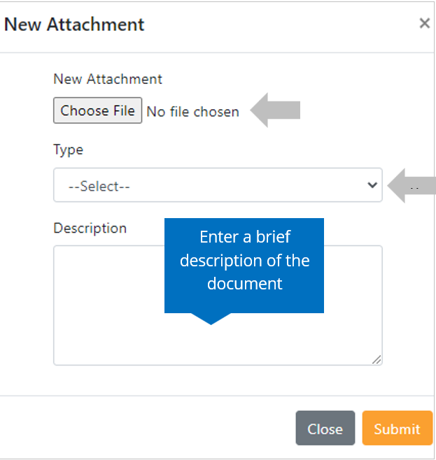 A screenshot showing the "New Attachment" pop-up window and where to choose the file, select the type of file, and where to provide a brief description. 