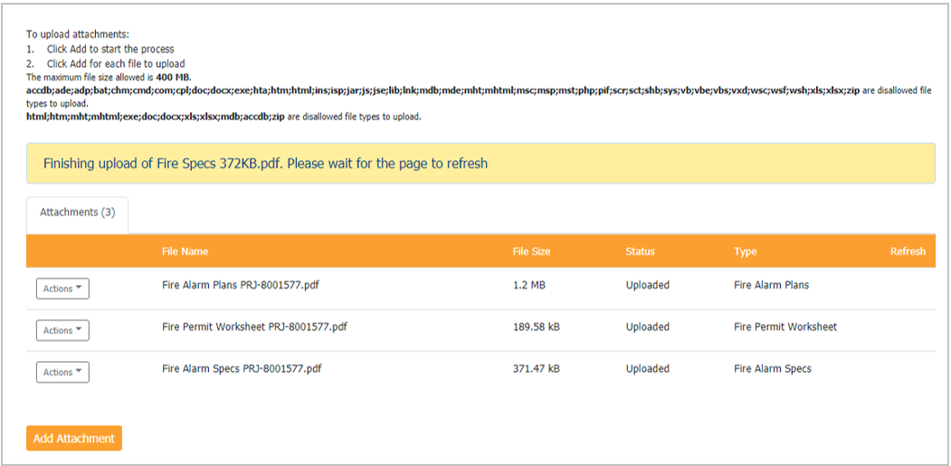 A screenshot showing how the online permitting portal is verifying that an upload meets all requirements. 