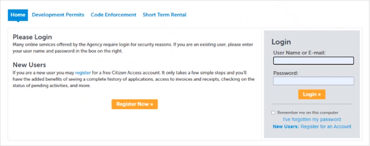 A screenshot showing with log in to the online permitting account. 