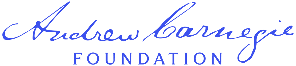 Blue-colored cursive text on white background stating "Andrew Carnegie," followed by plain text stating "Foundation" underneath.