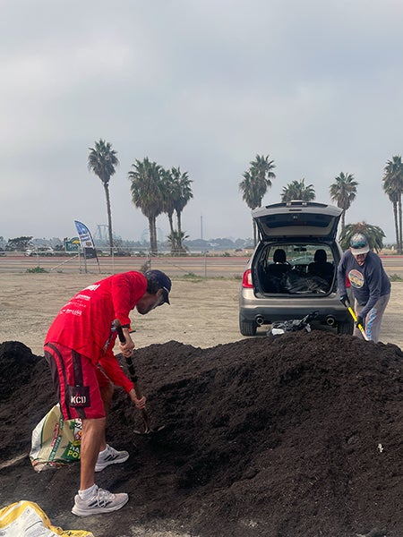 people shoveling mulch