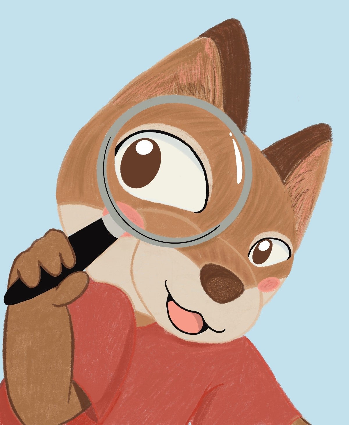 Illustrated image of Odi the Coyote holding a magnifying glass to their eye