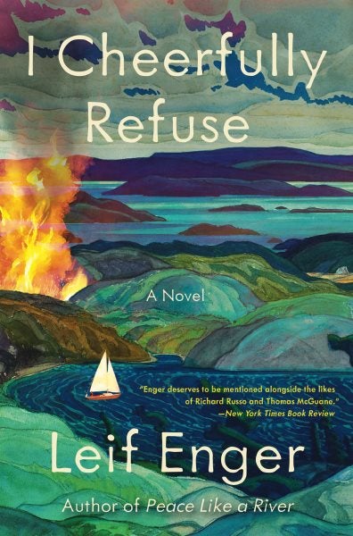 The cover features a small sailboat traveling through a fjord. There is a large fire on a hill, to the left of the boat.
