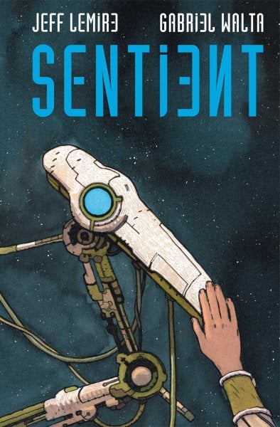 The cover features an illustration of a human hand touching a robot, with a background of a starry sky. 