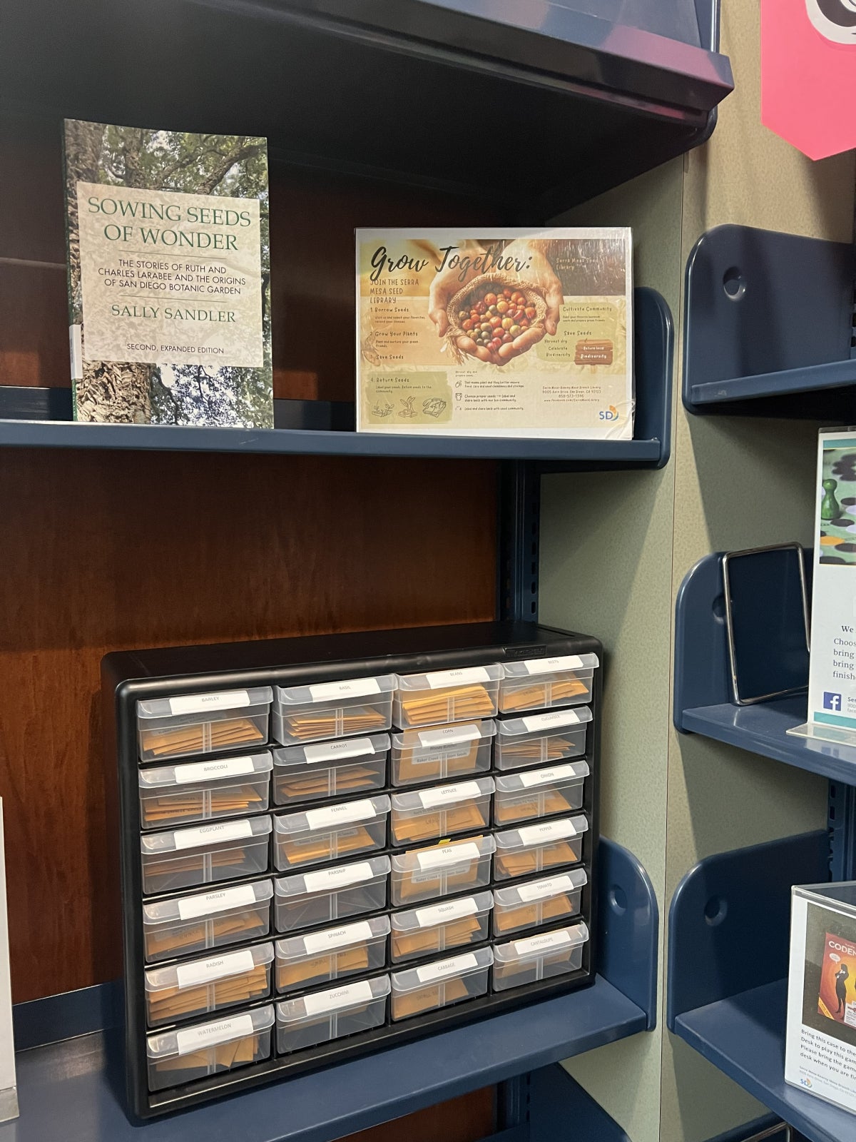 This is a picture of the plastic cabinet that contains the seed library envelopes. The patron takes the envelopes home, grows the plant, harvests it and returns extra seeds to the seed library to assist us in growing the seed library.