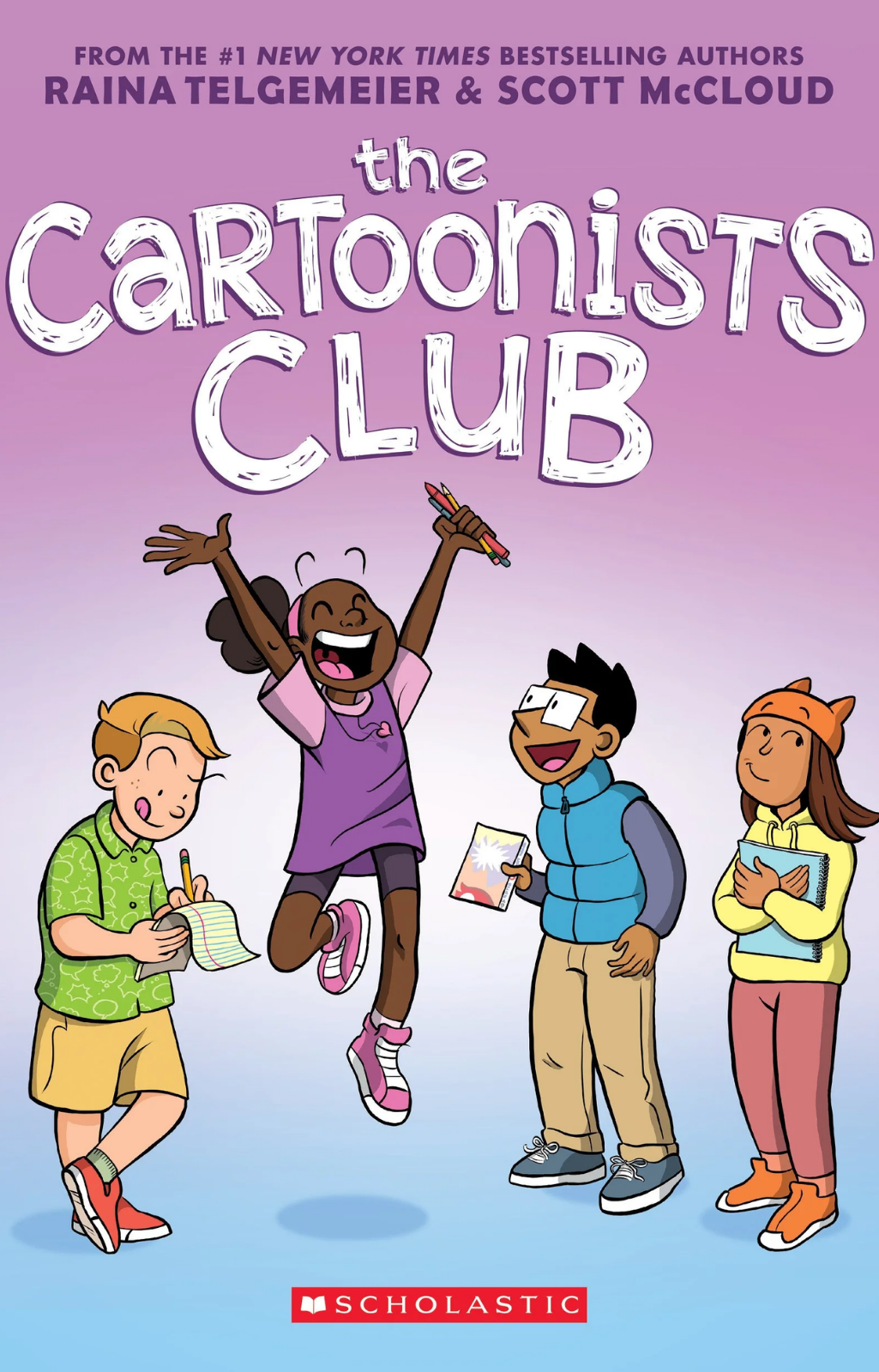 Book cover of The Cartoonists Club, illustrated with four children holding cartoon drawings.