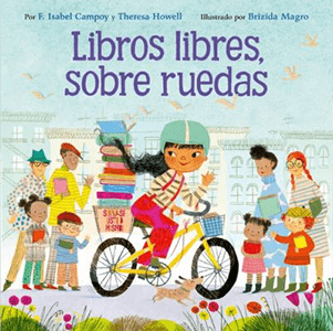 Illustrated bool cover of a girl riding a bike on a city sidewalk with  . Her back basket is filled with books. There are citizens of multiple ages and cultures on the sidewalk holding books.