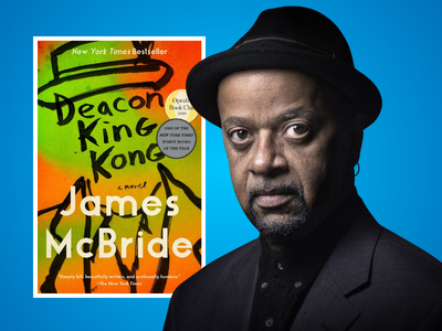 Author James McBride pictured beside the cover of his novel Deacon King Kong against a blue background.