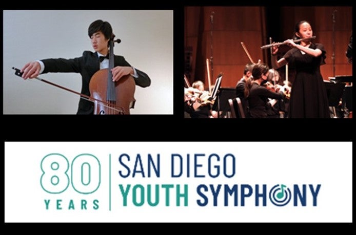 two images above the San Diego Youth Symphony logo. The first image is of a young man playing the violin and the second is of a young woman playing the flute.